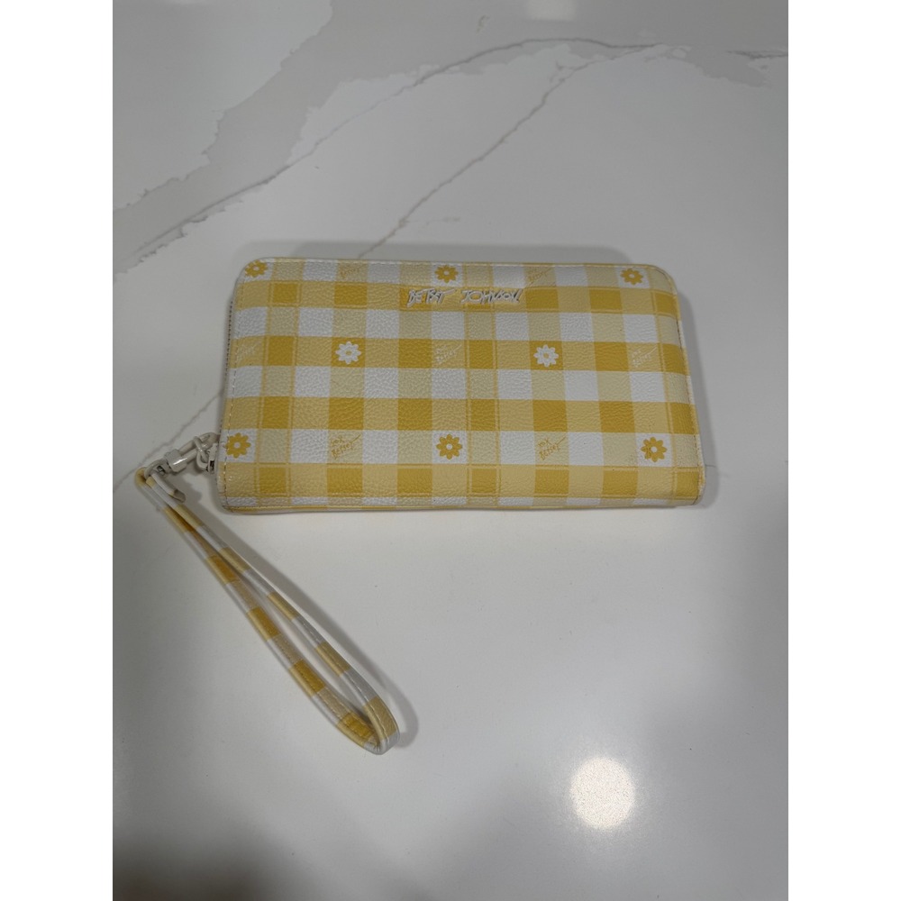 Betsey Johnson Yellow Gingham Daisy Floral Zip Around Wristlet Wallet Clutch